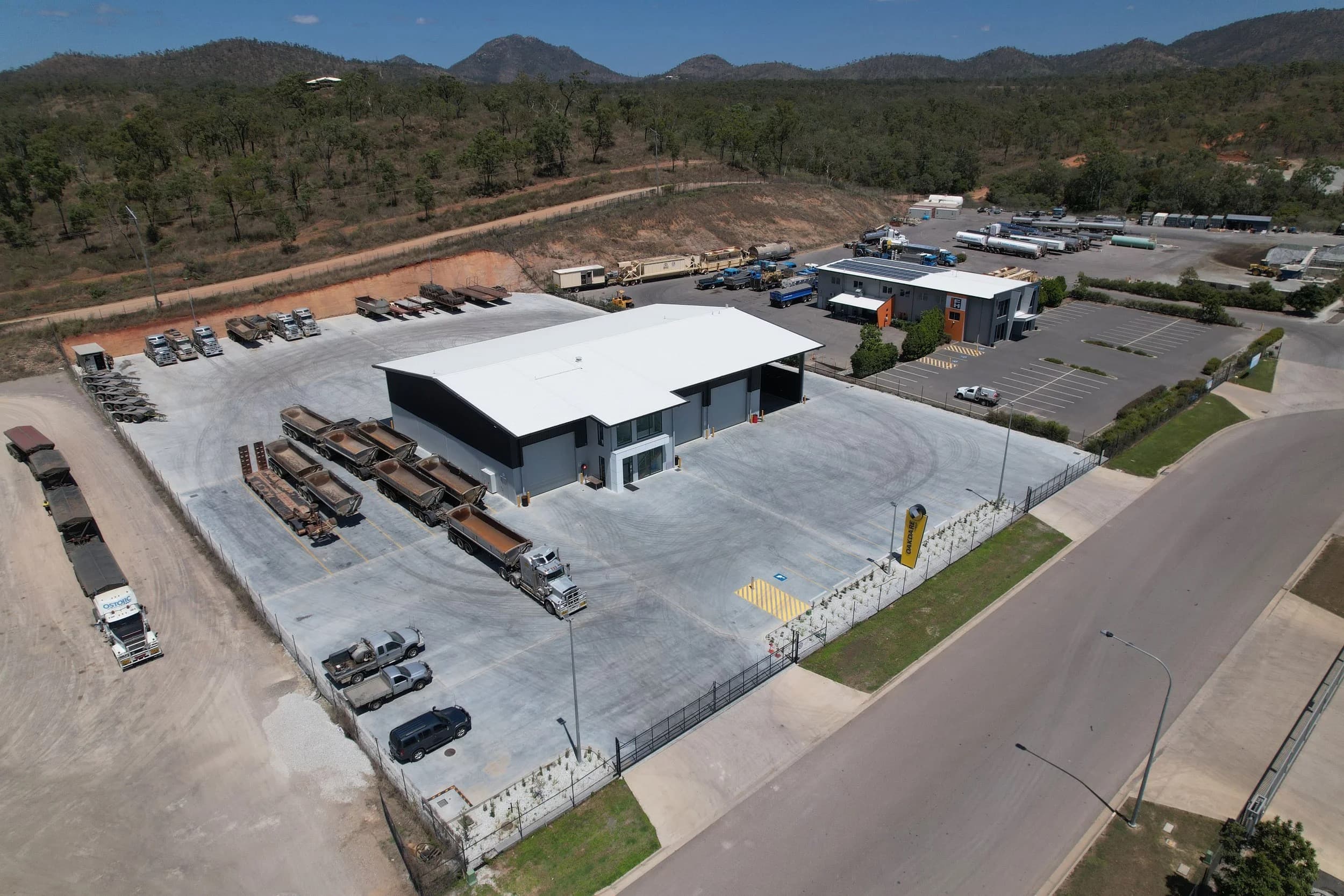 Aerial view of the Oakdare workshop and office with its concrete yard